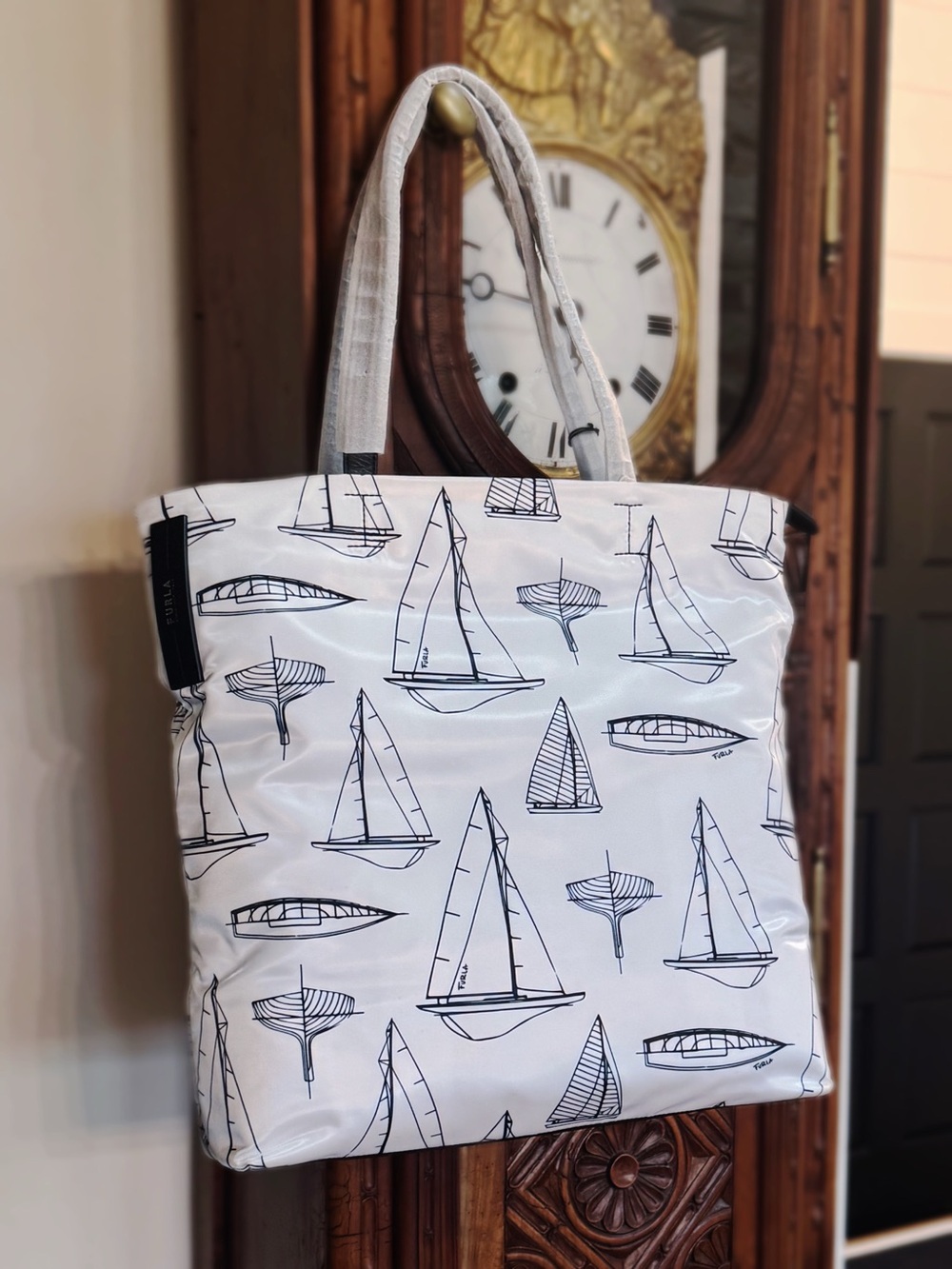 Furla Nautical Sailboat Print Tote Bag White Nylon Coastal Chic *RARE COLLECTION